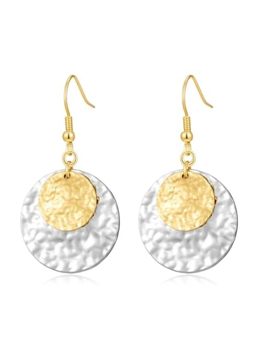 Womens Boho Statement Earring 14K Two-Tone Hammered Disc Drop Earrings
